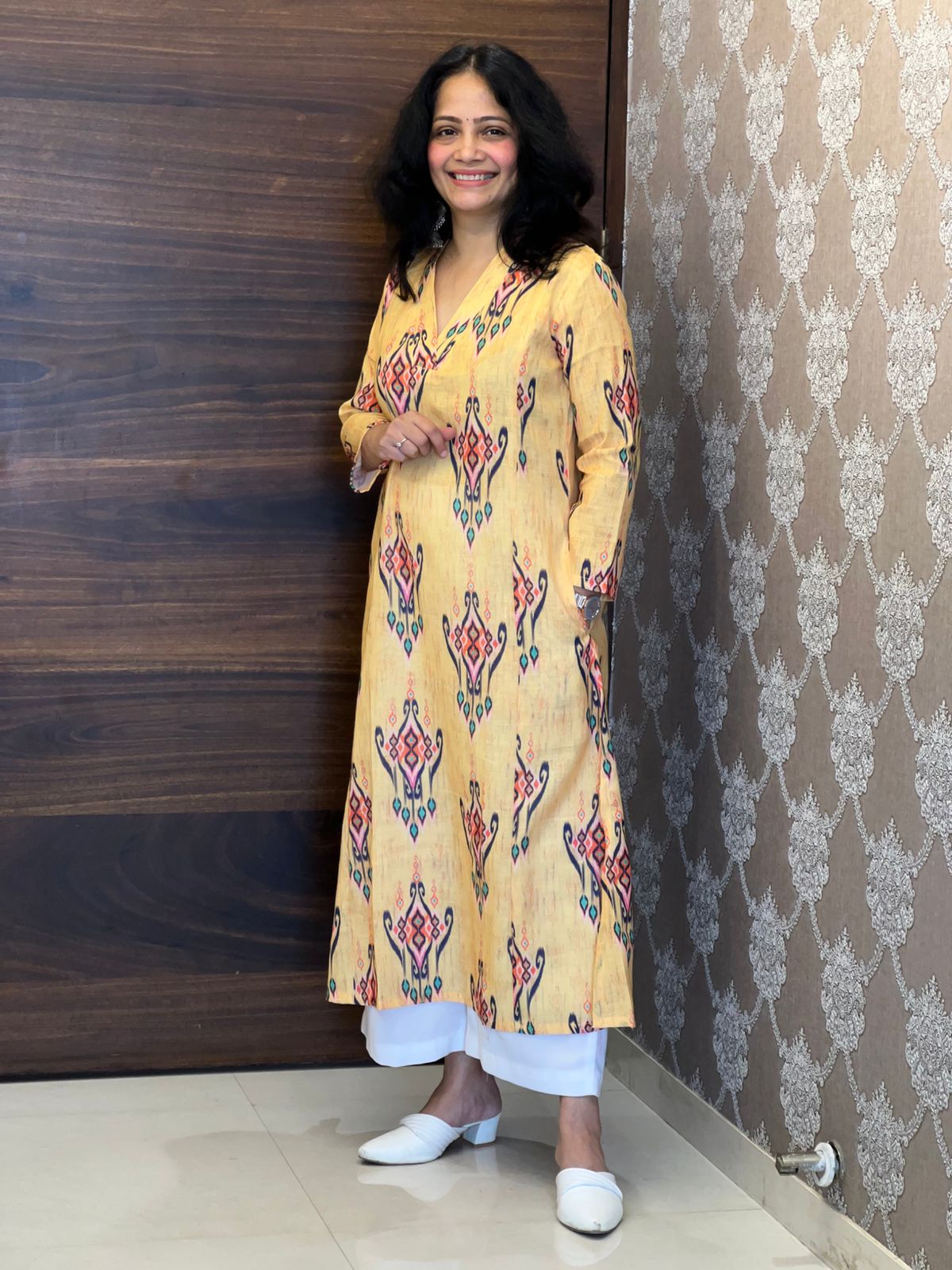 Yellow Ikkat Digital Print Linen A-Line Kurti