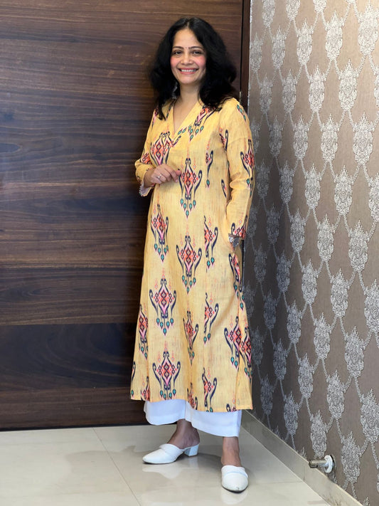 Yellow Ikkat Digital Print Linen A-Line Kurti