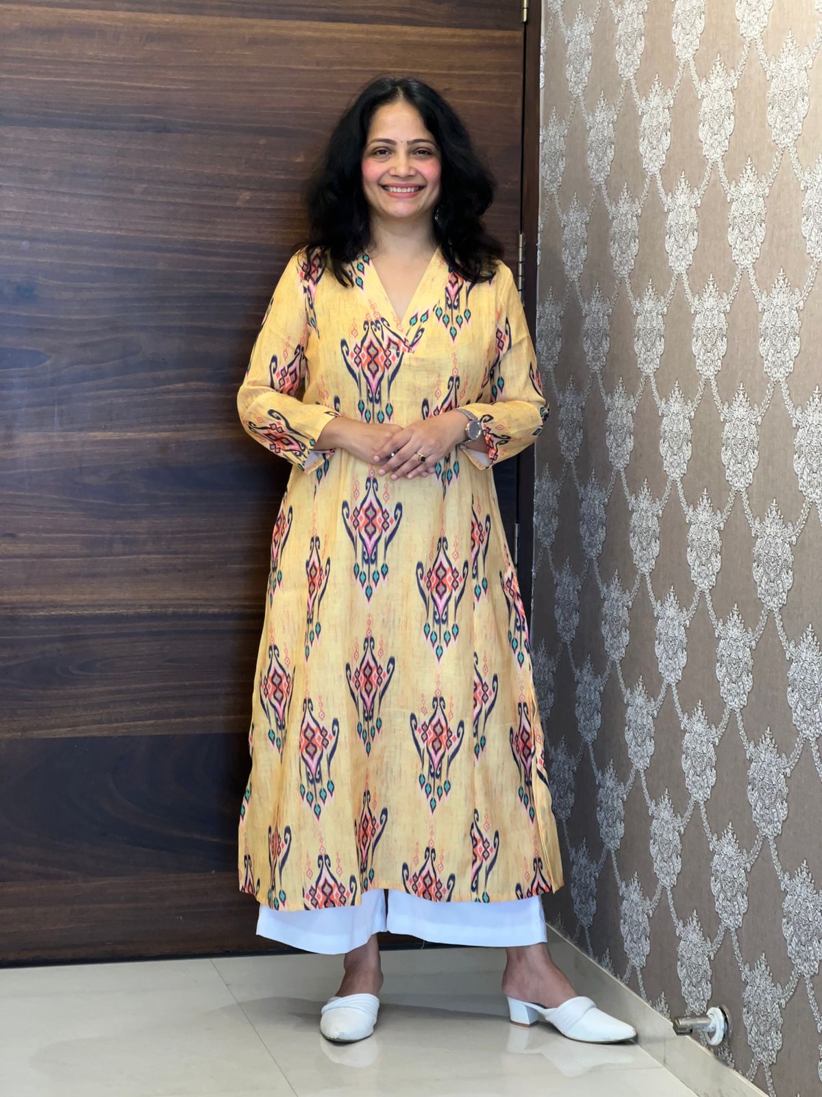 Yellow Ikkat Digital Print Linen A-Line Kurti