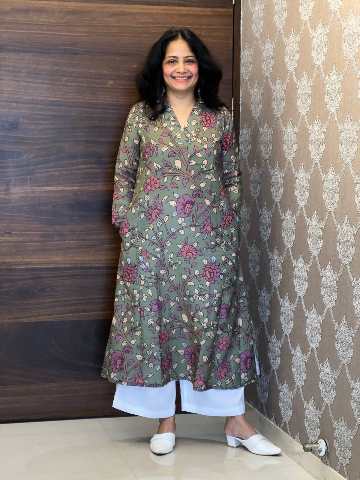 Pastel Green Kalamkari Digital Print Linen A-Line Kurti