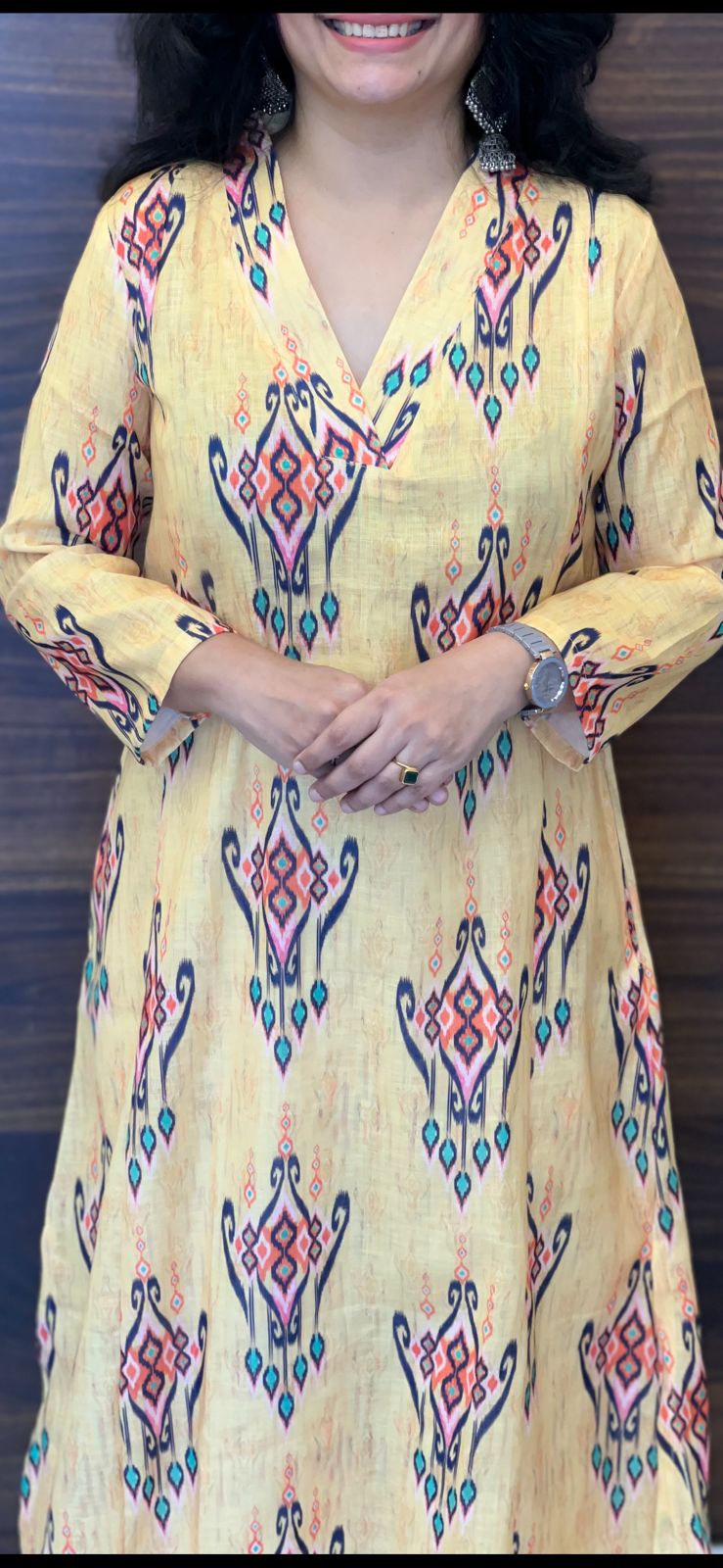Yellow Ikkat Digital Print Linen A-Line Kurti