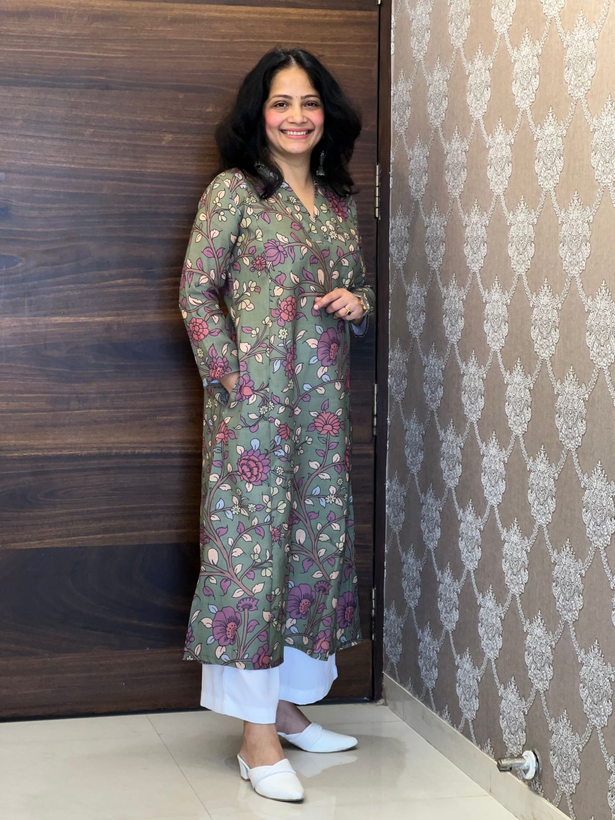 Pastel Green Kalamkari Digital Print Linen A-Line Kurti