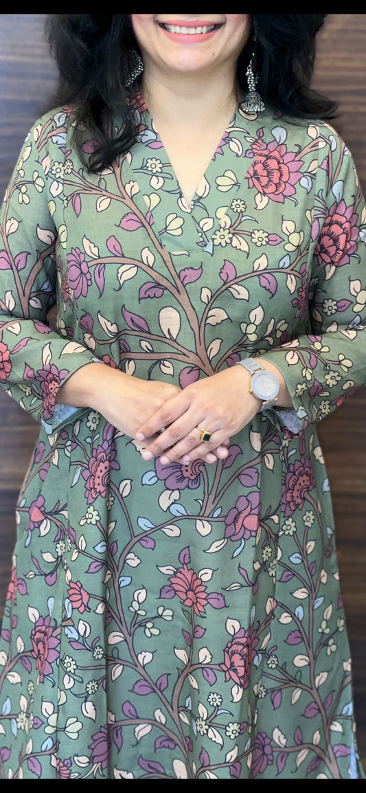 Pastel Green Kalamkari Digital Print Linen A-Line Kurti