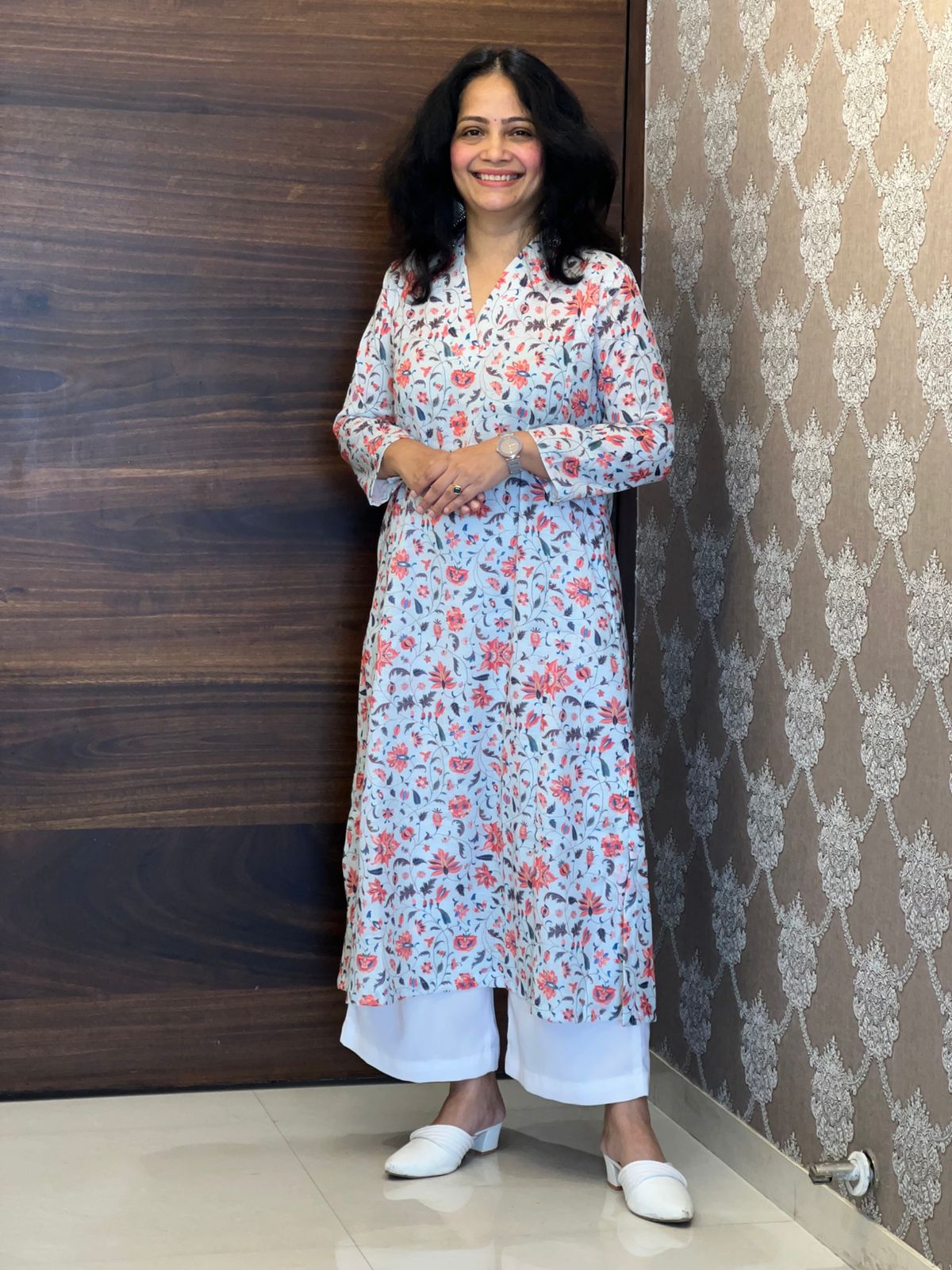 Powder Blue Kalamkari Digital Print Linen A-Line Kurti