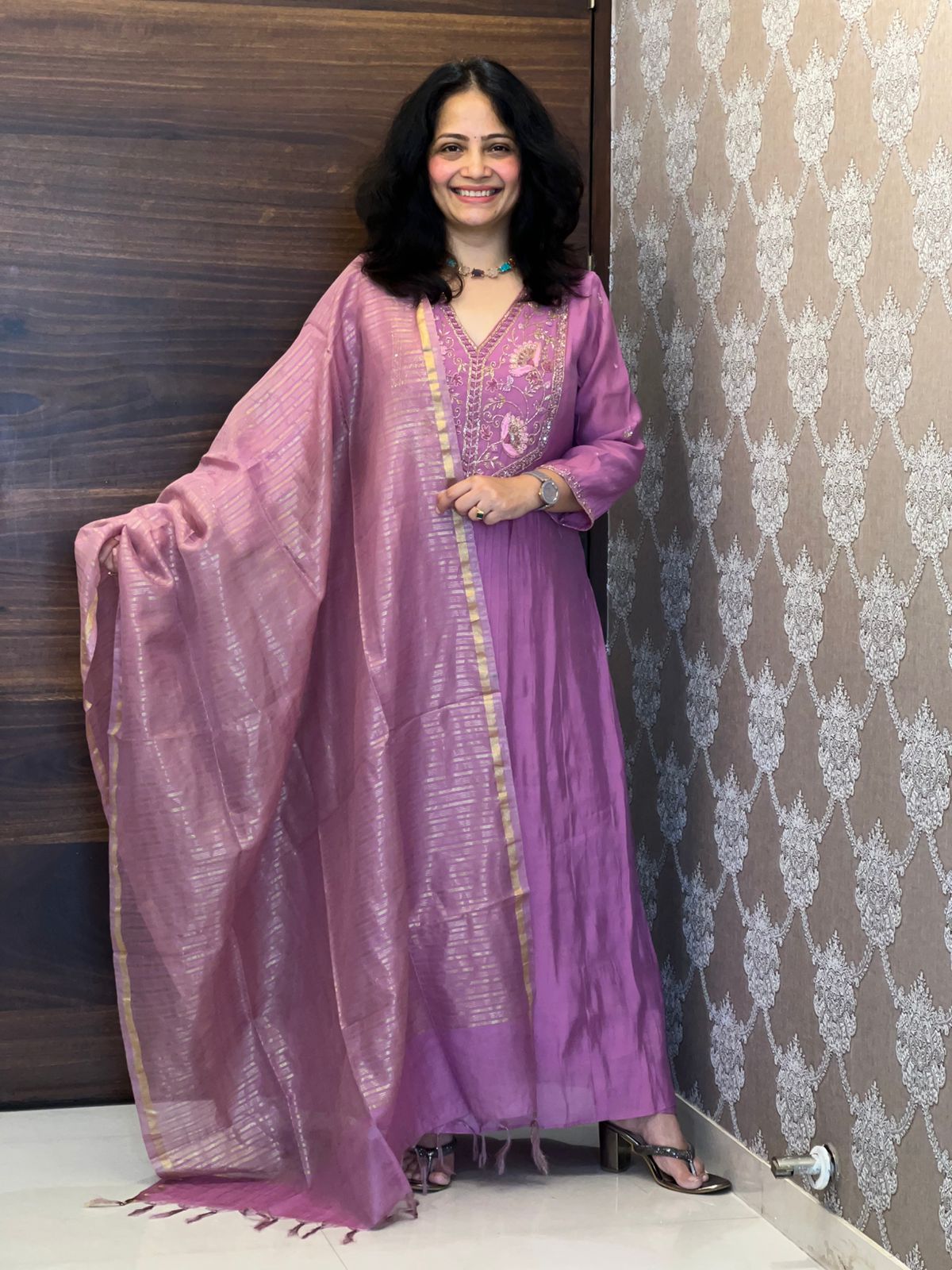 Soft Mauve urple Color Mul Chanderi Dupatta Set