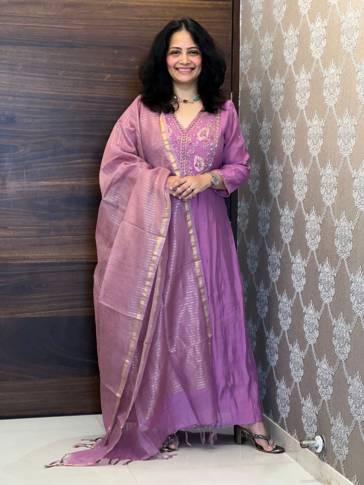 Soft Mauve urple Color Mul Chanderi Dupatta Set