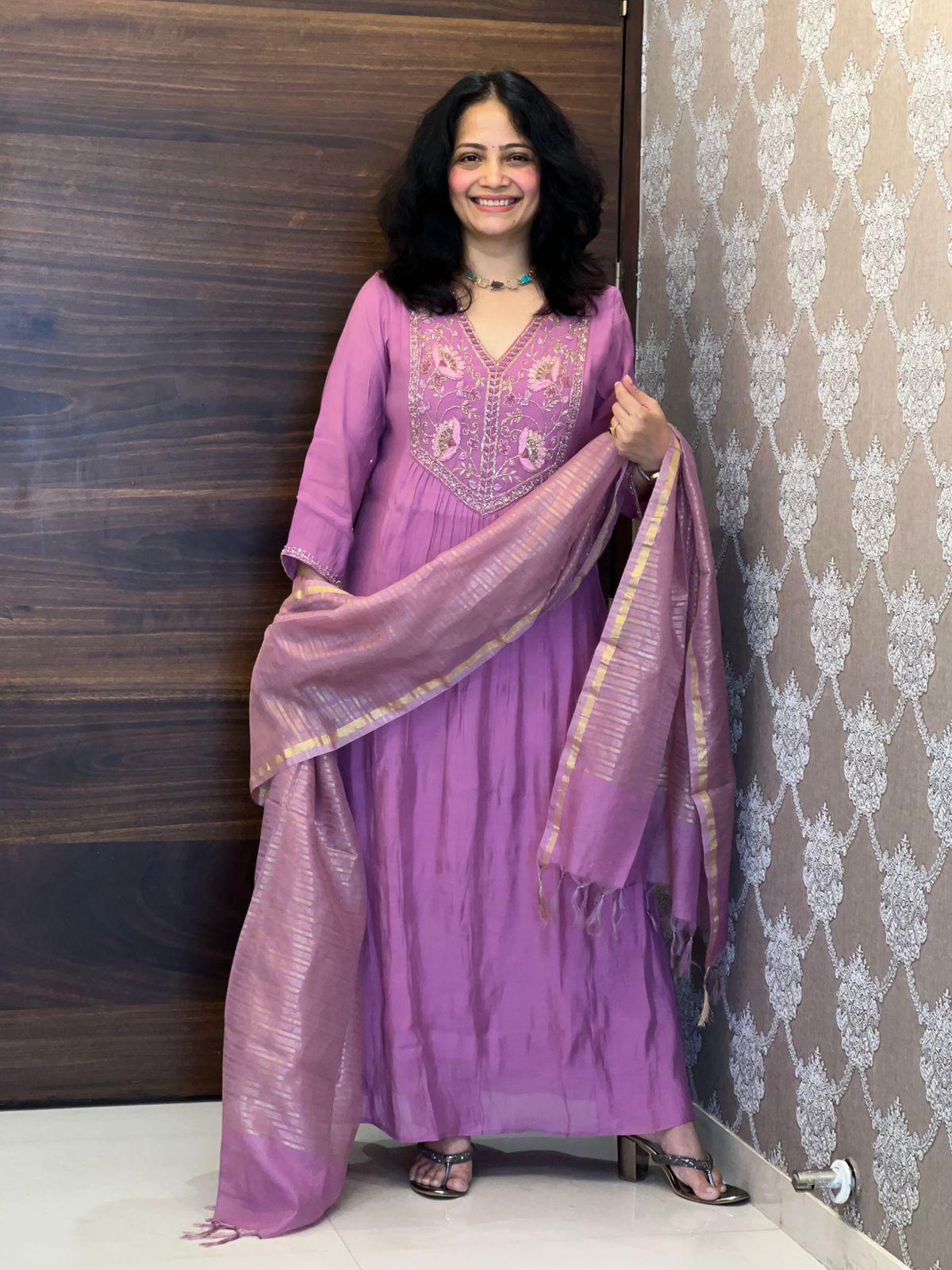 Soft Mauve urple Color Mul Chanderi Dupatta Set