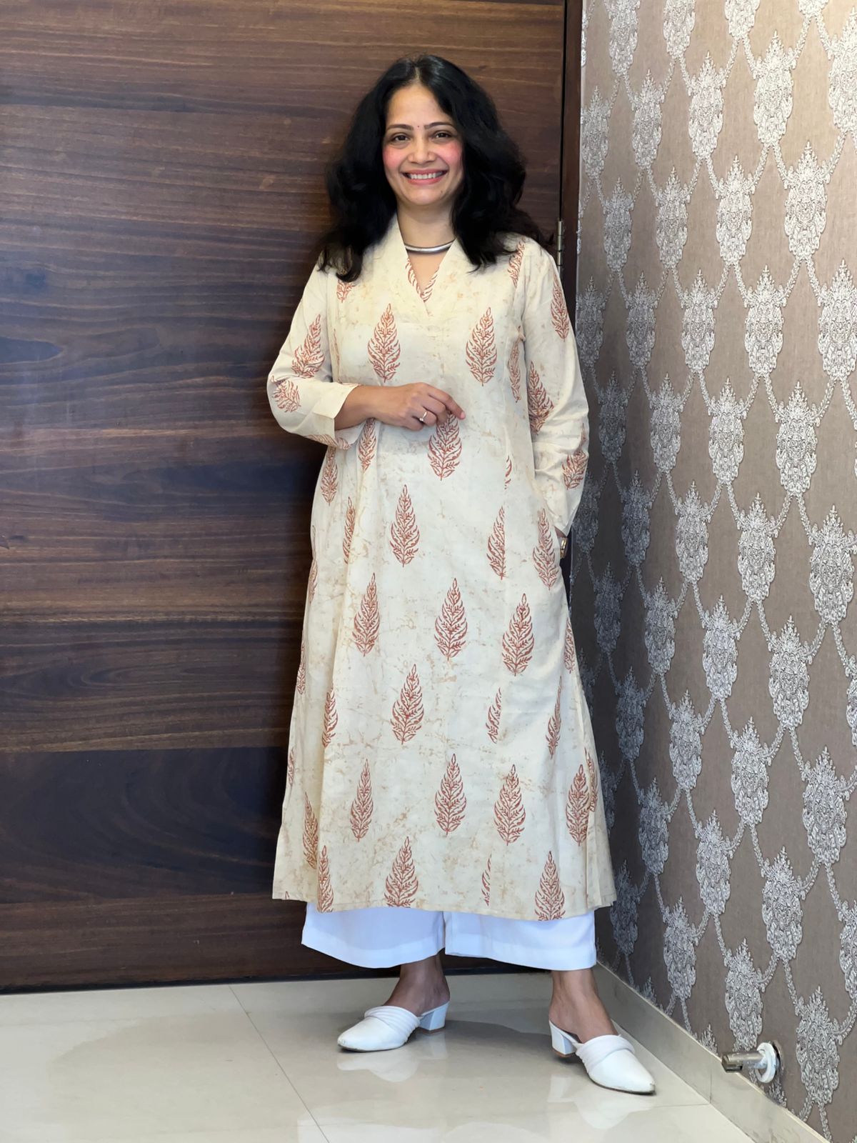 Cream Color Dabu Hand Block Print Pure Cotton A Line Kurti