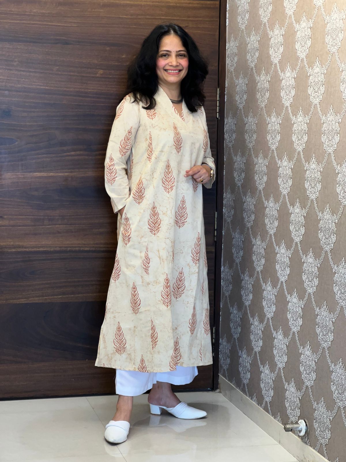 Cream Color Dabu Hand Block Print Pure Cotton A Line Kurti
