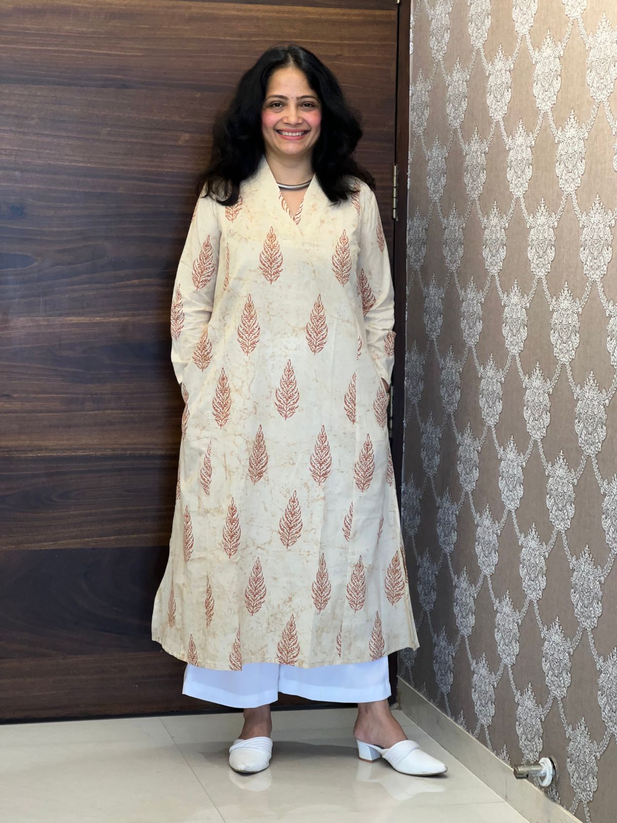 Cream Color Dabu Hand Block Print Pure Cotton A Line Kurti
