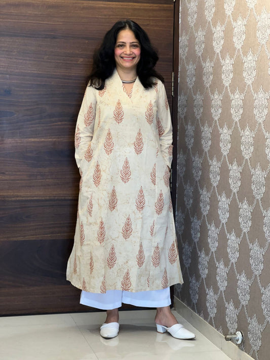 Cream Color Dabu Hand Block Print Pure Cotton A Line Kurti