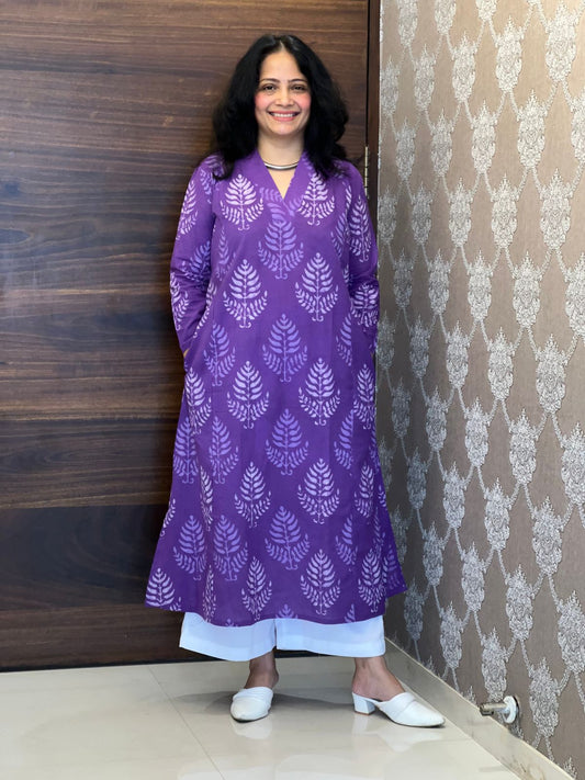 Purple Color Dabu Hand Block Print Pure Cotton A Line Kurti