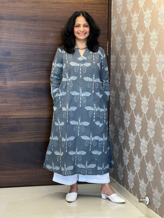 Grey Color Dabu Hand Block Print Pure Cotton A Line Kurti
