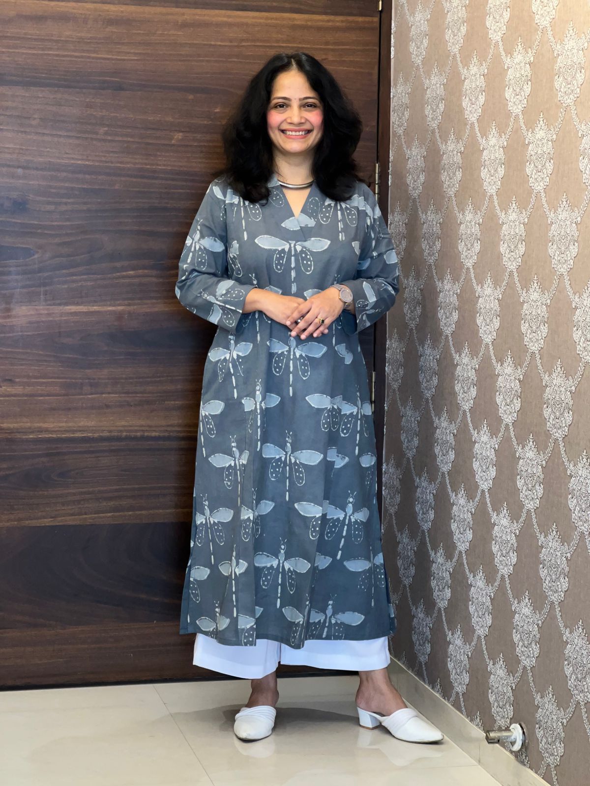 Grey Color Dabu Hand Block Print Pure Cotton A Line Kurti