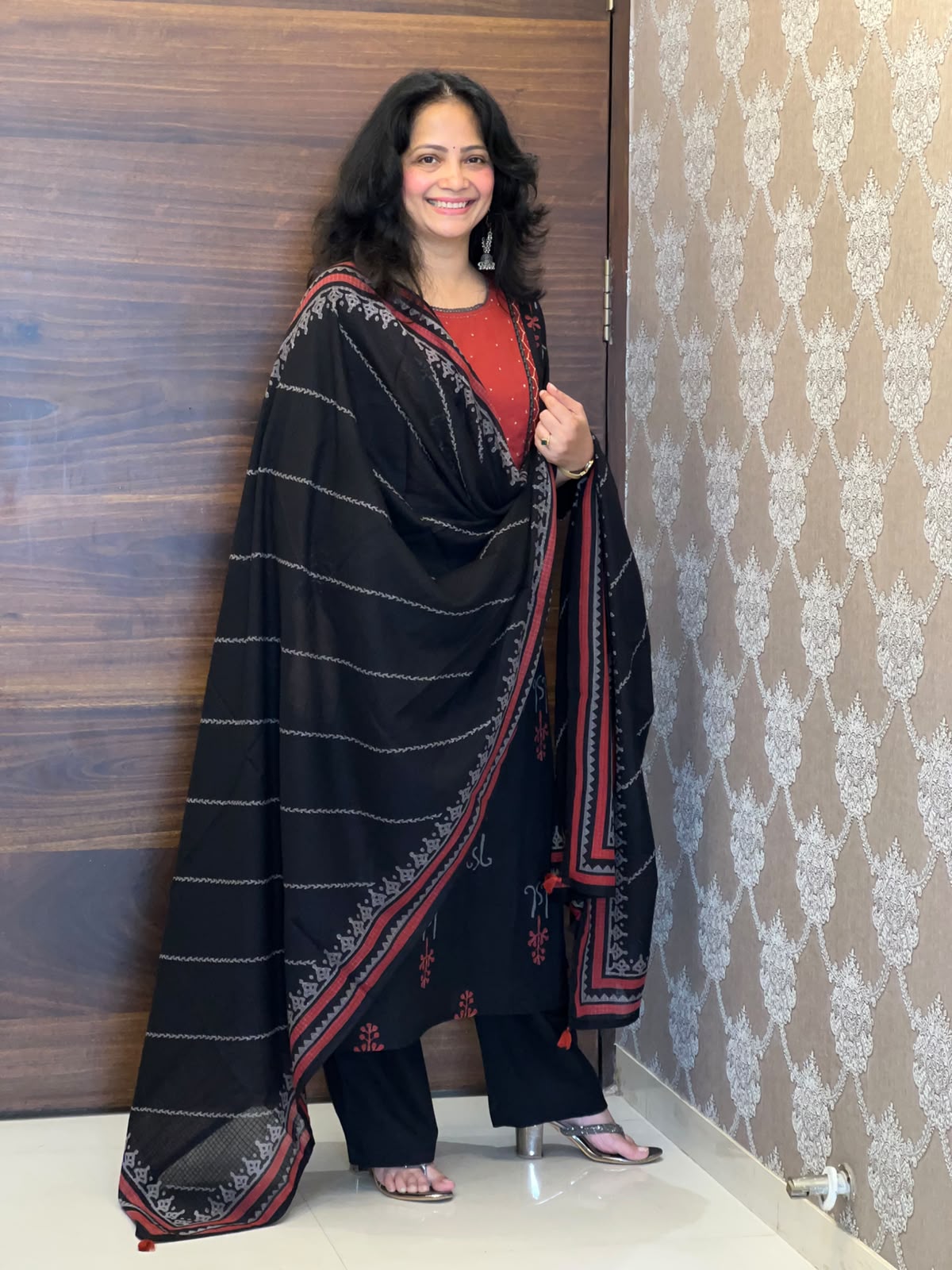 Black Color Block-Printed Pure Cotton Dupatta Set