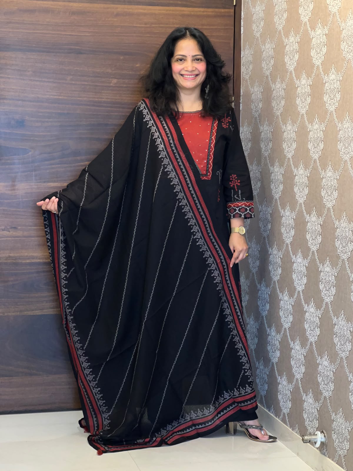 Black Color Block-Printed Pure Cotton Dupatta Set