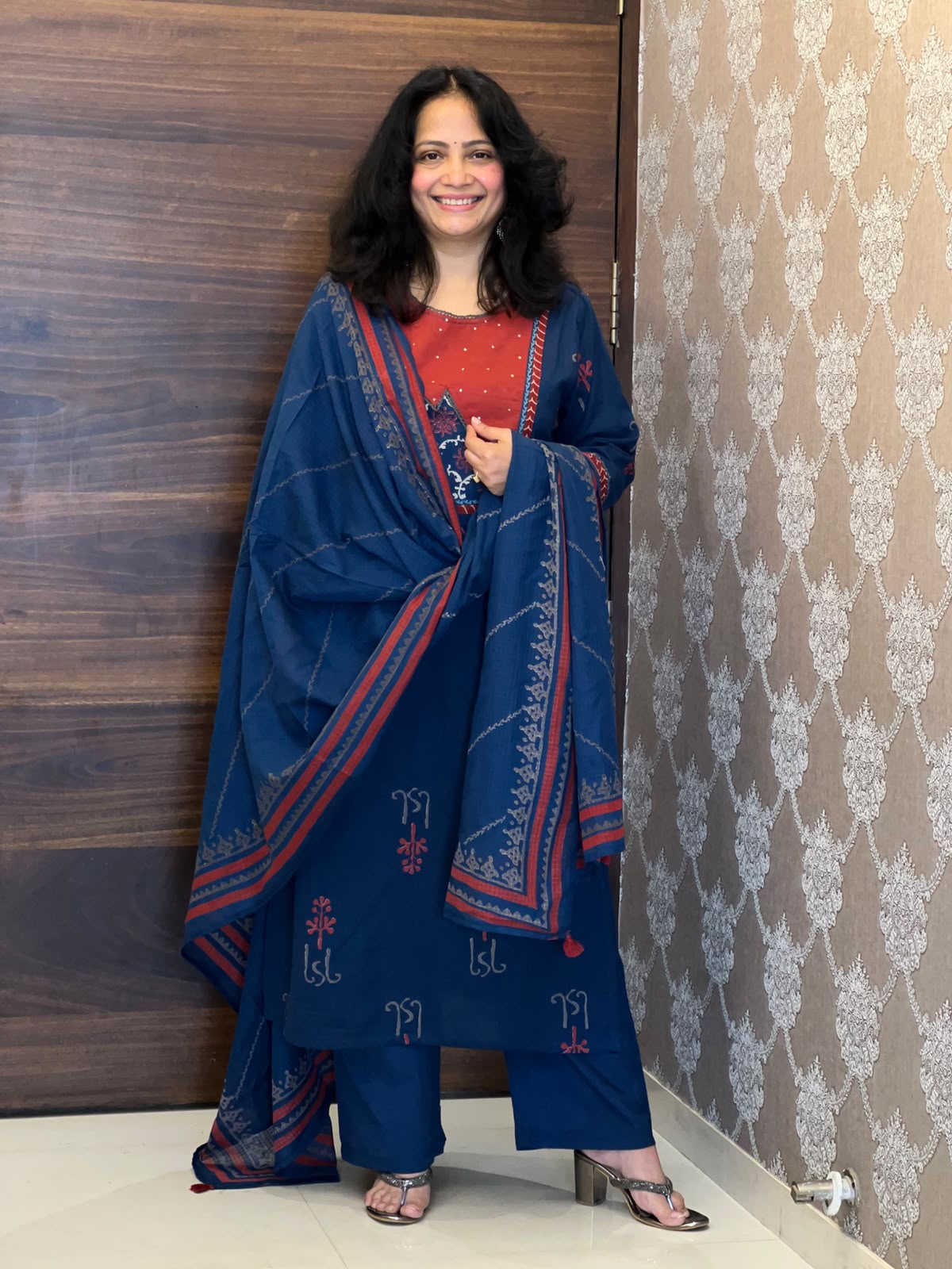 Blue Color Block-Printed Pure Cotton Dupatta Set