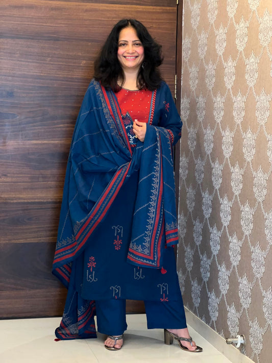 Blue Color Block-Printed Pure Cotton Dupatta Set
