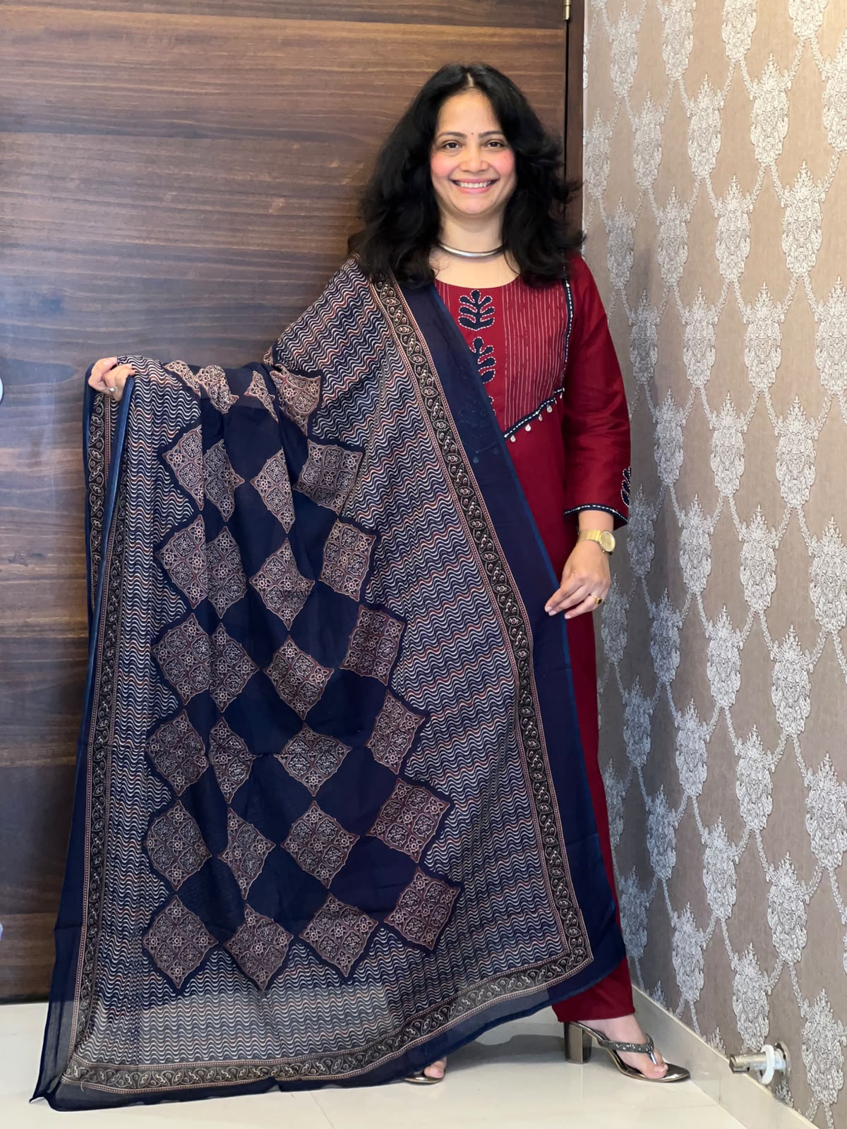 Maroon-Blue Colour Dabu Cotton Dupatta Set