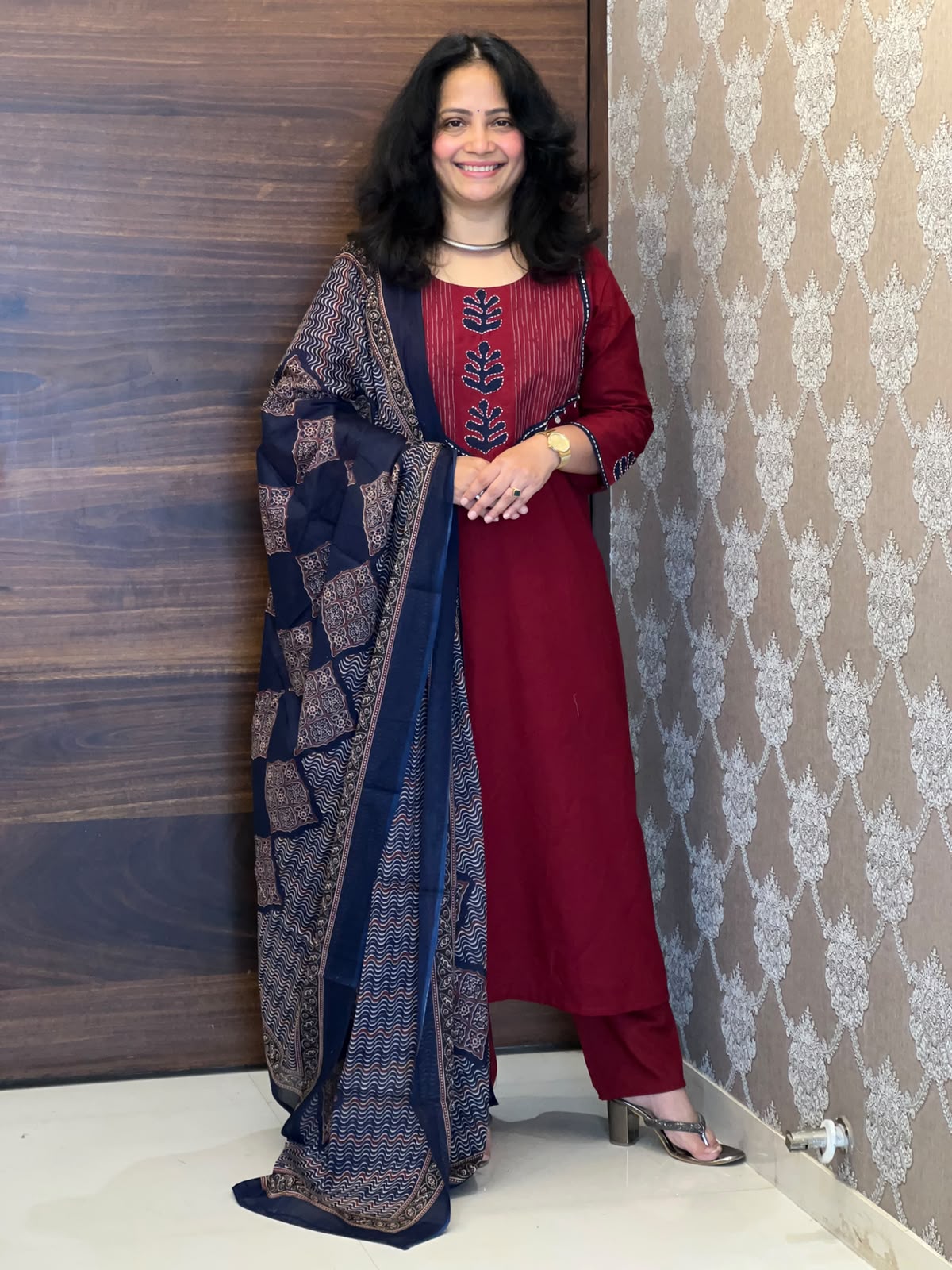 Maroon-Blue Colour Dabu Cotton Dupatta Set