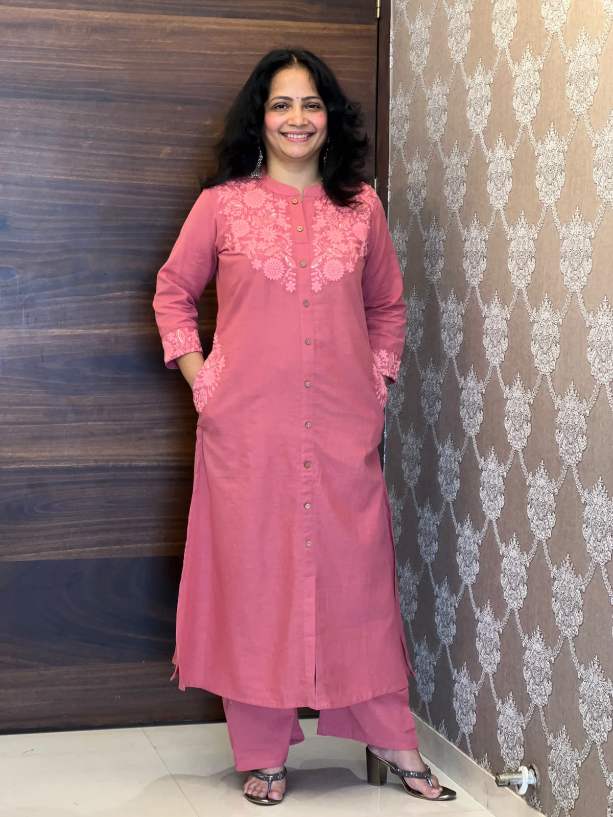 Deep Blush Pink Colour Cotton Flex Kurti-Pant Set