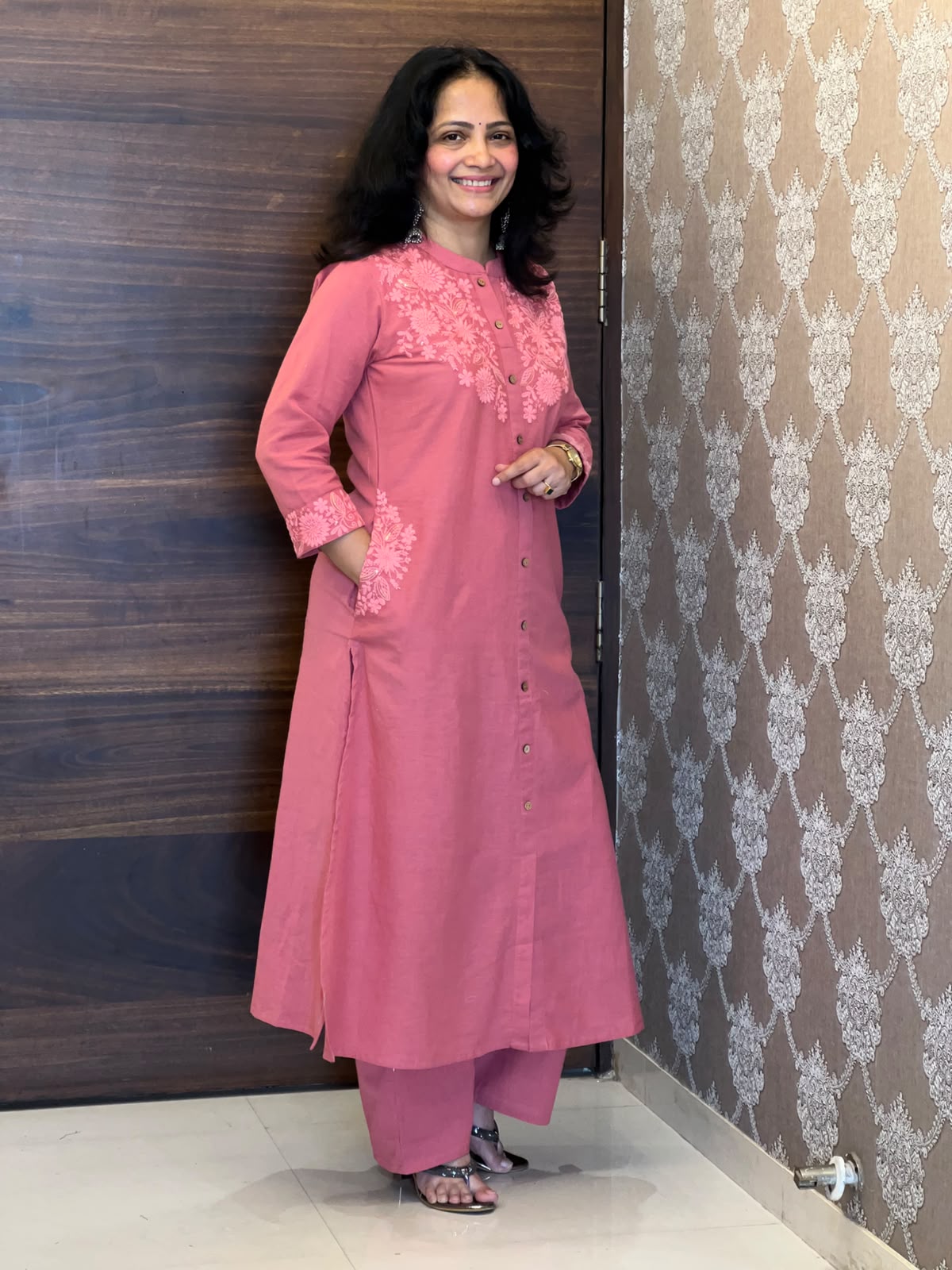 Deep Blush Pink Colour Cotton Flex Kurti-Pant Set
