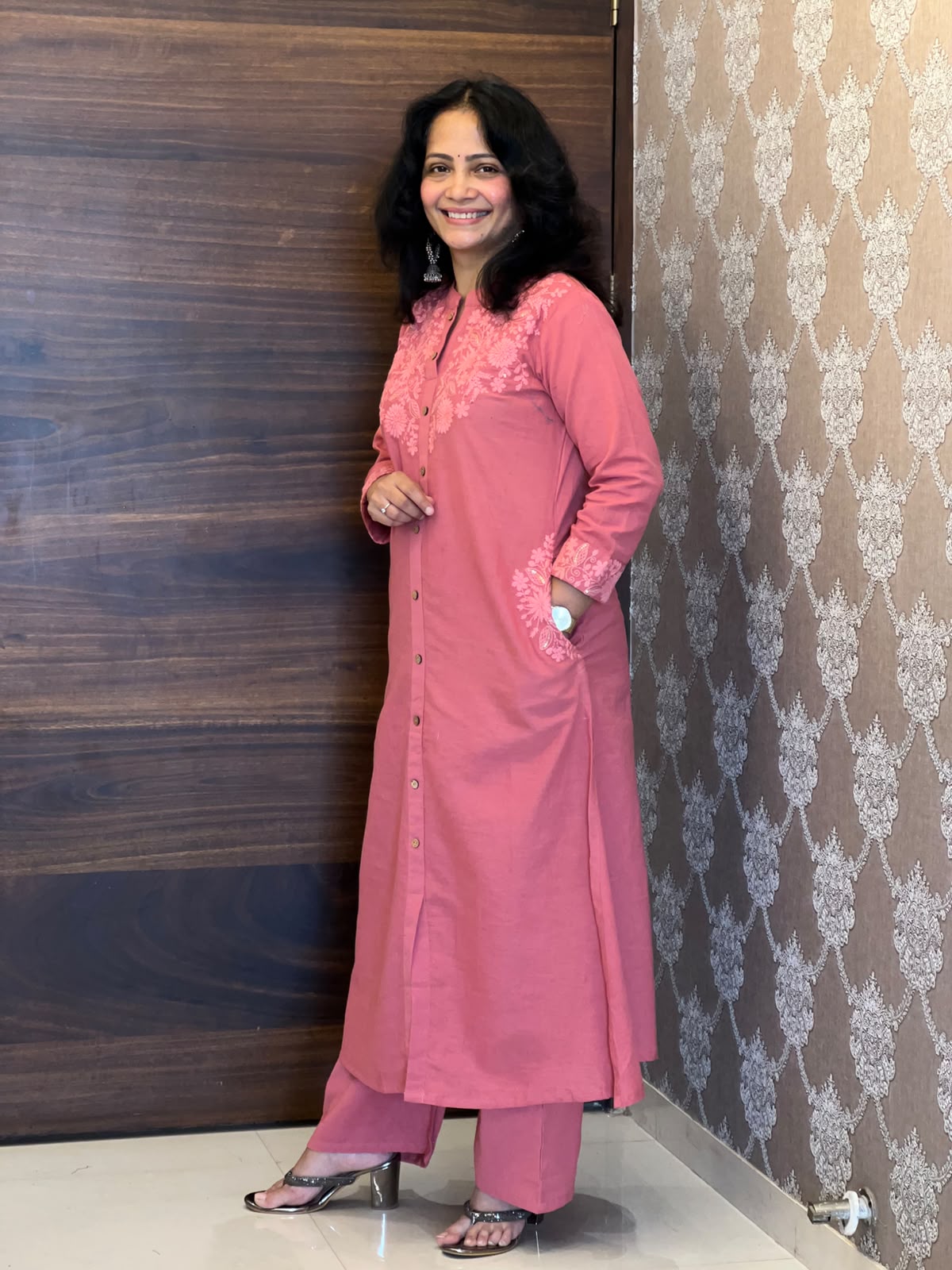 Deep Blush Pink Colour Cotton Flex Kurti-Pant Set
