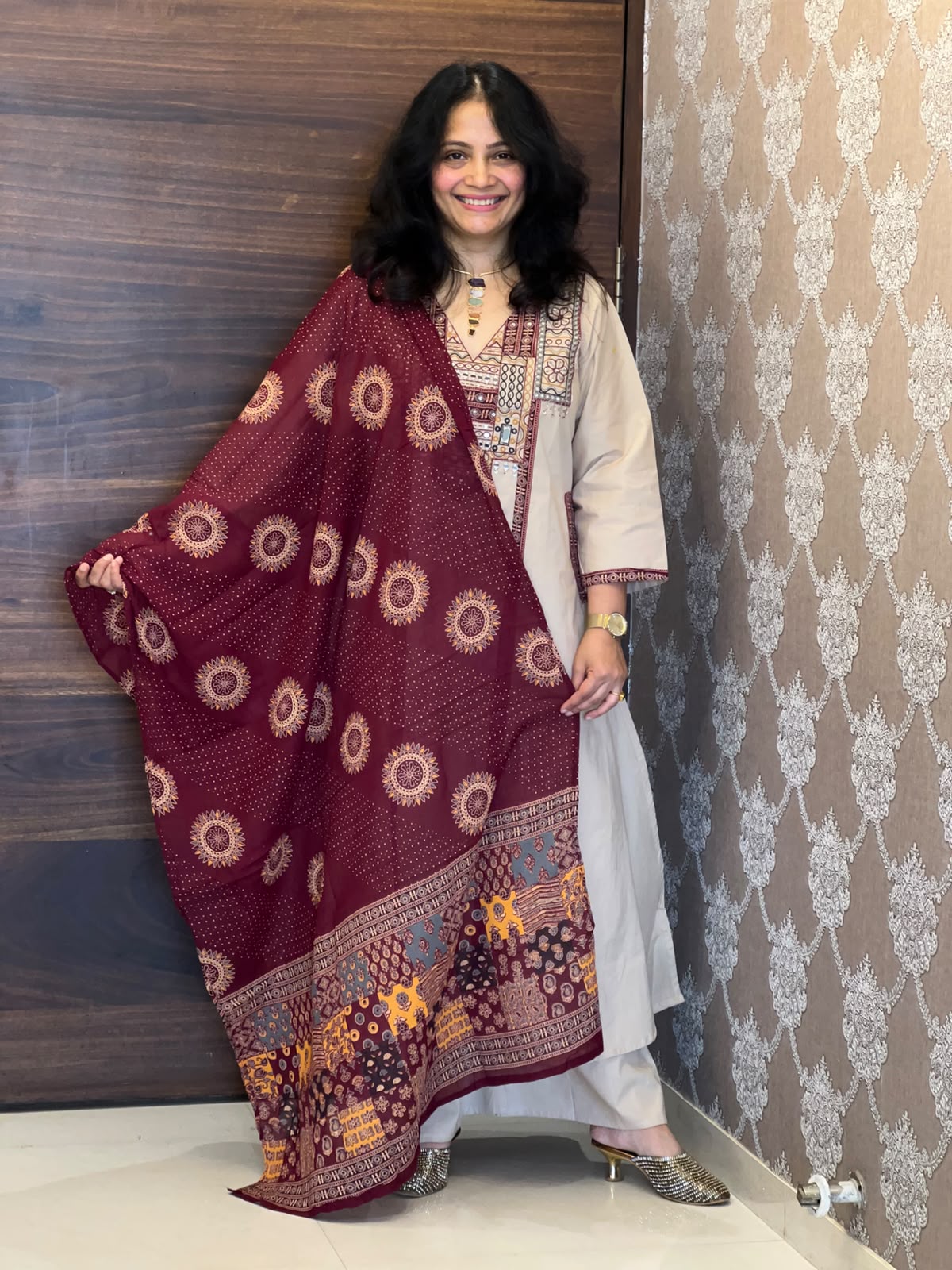 Ivory Colour Dabu Cotton Dupatta Set