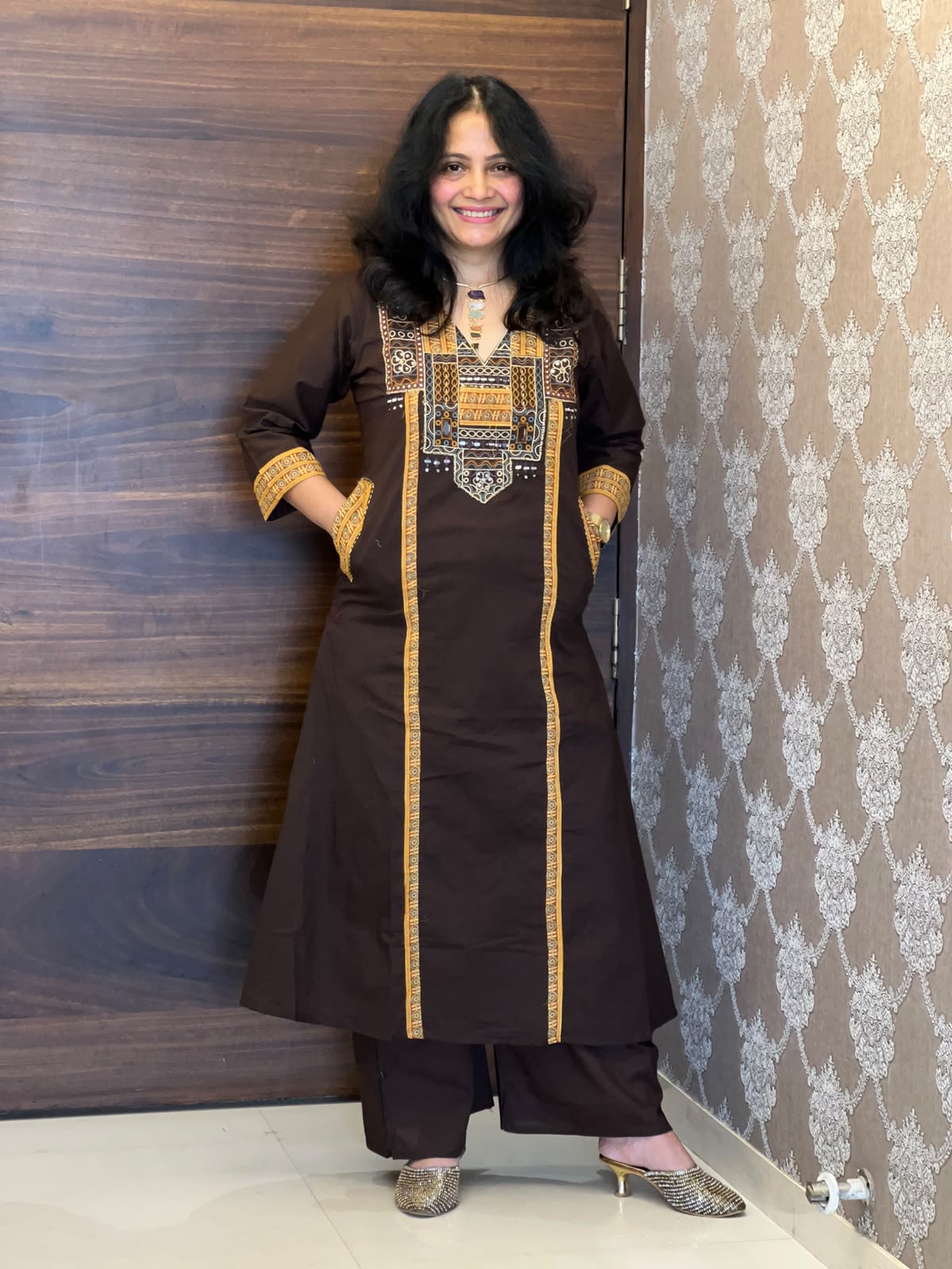 Brown Colour Dabu Cotton Dupatta Set