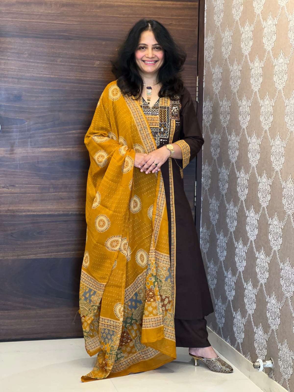 Brown Colour Dabu Cotton Dupatta Set