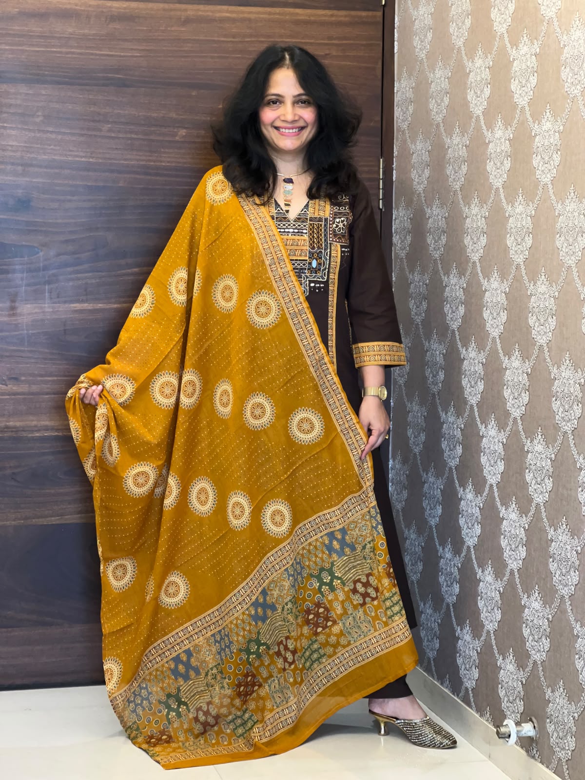 Brown Colour Dabu Cotton Dupatta Set