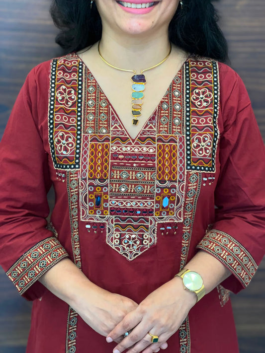 Maroon Colour Dabu Cotton Dupatta Set