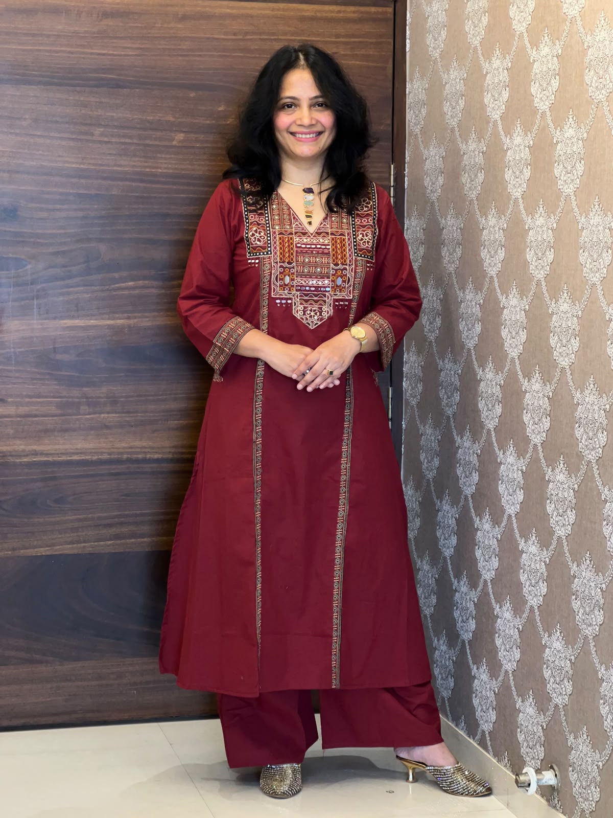Maroon Colour Dabu Cotton Dupatta Set