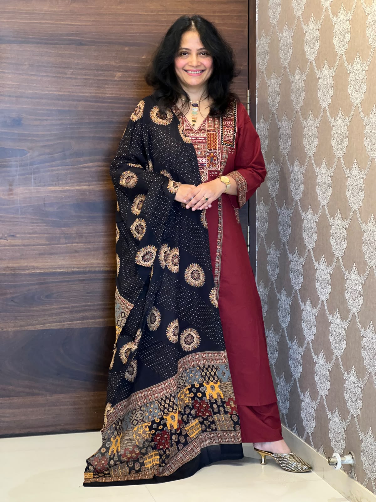 Maroon Colour Dabu Cotton Dupatta Set