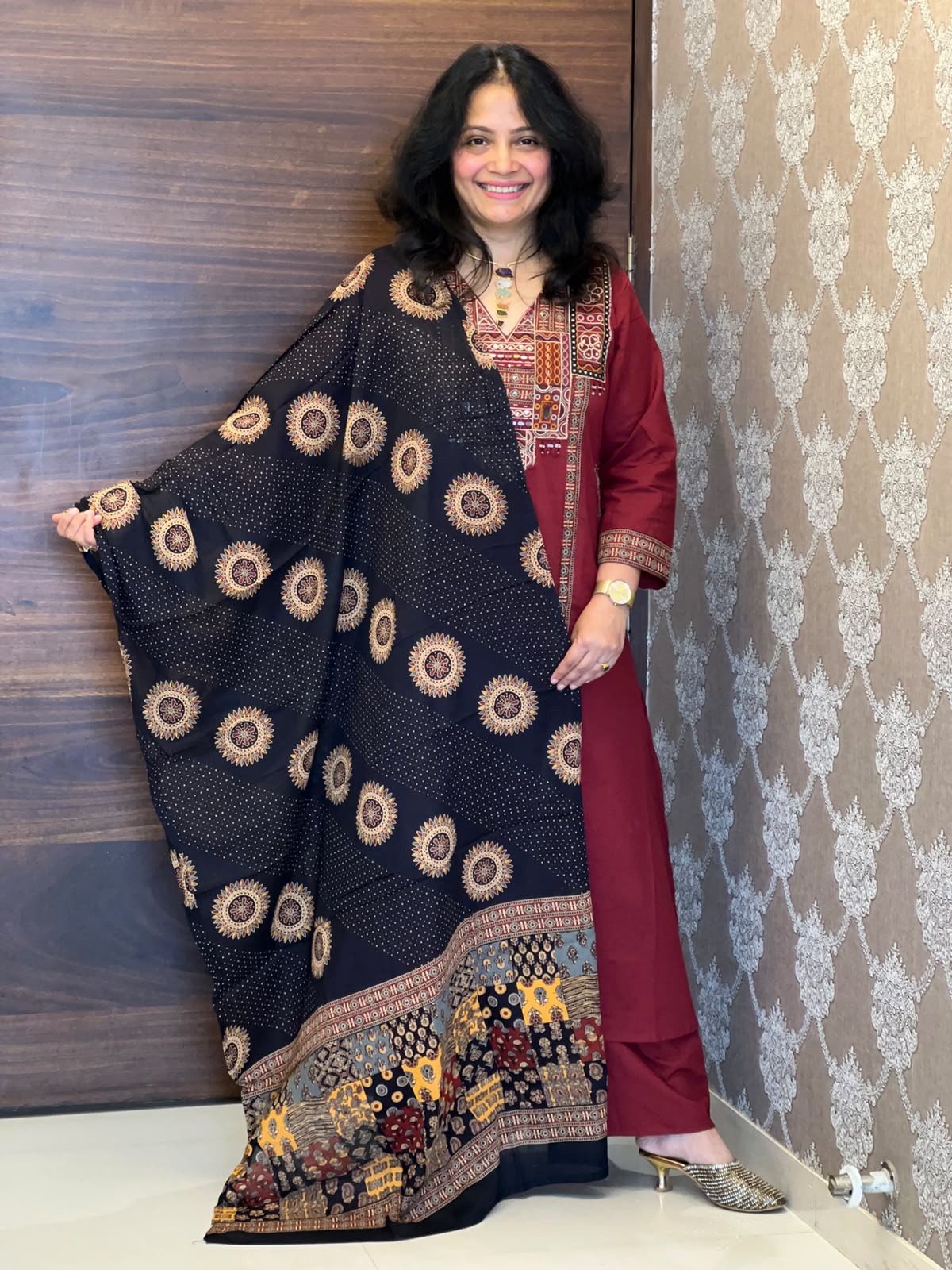 Maroon Colour Dabu Cotton Dupatta Set