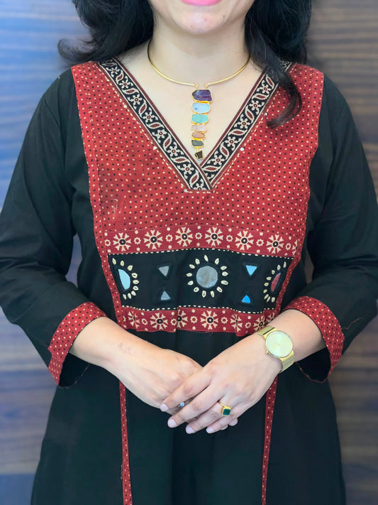 Black Colour Dabu Cotton Kurti-Palazzo-Set