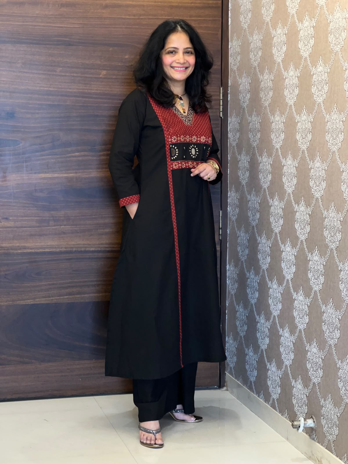 Black Colour Dabu Cotton Kurti-Palazzo-Set