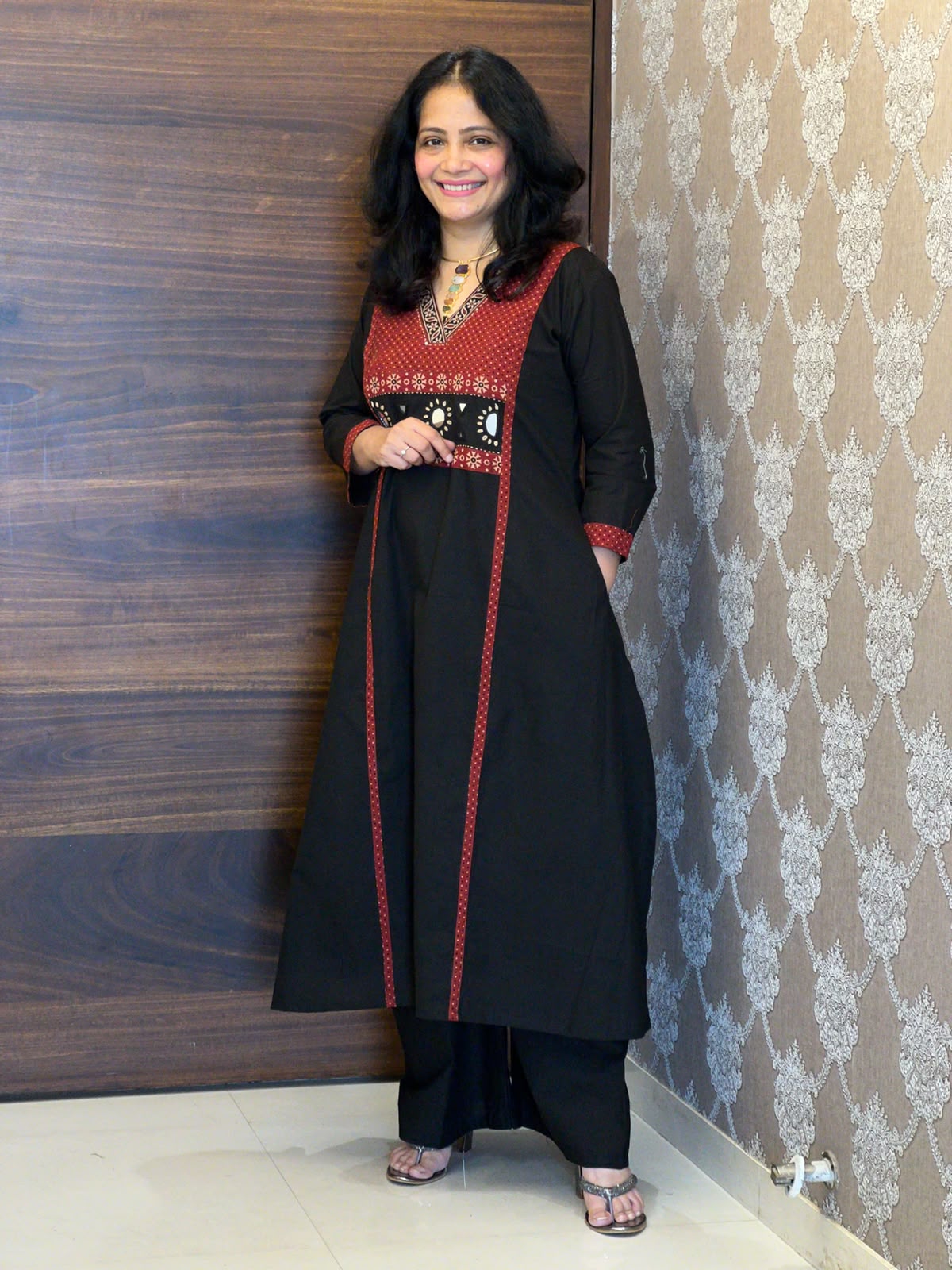 Black Colour Dabu Cotton Kurti-Palazzo-Set