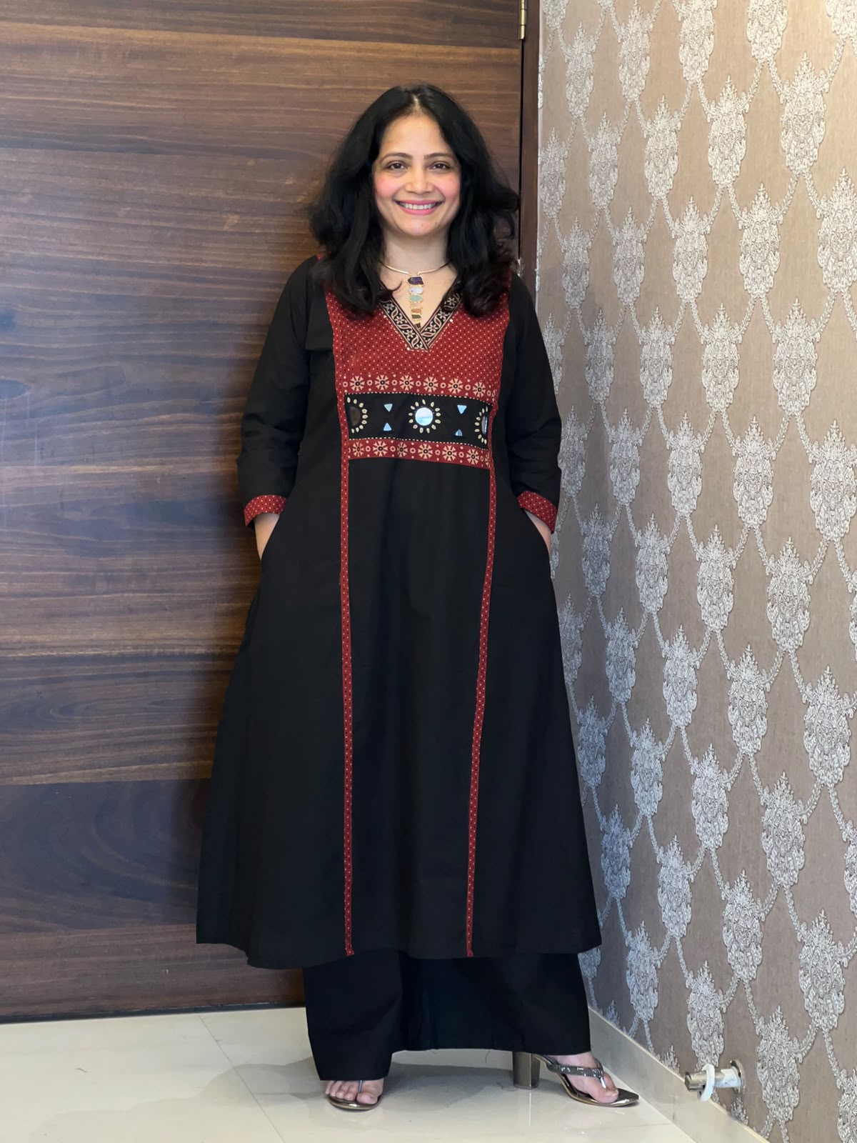 Black Colour Dabu Cotton Kurti-Palazzo-Set