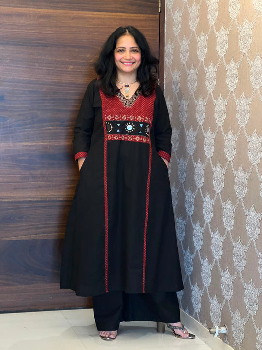 Black Colour Dabu Cotton Kurti-Palazzo-Set