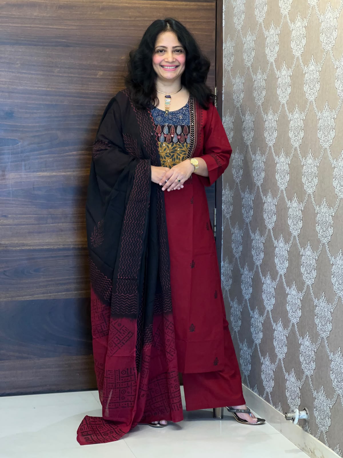 Maroon Color Ajrakh Patch Work Dabu Cotton Dupatta Set