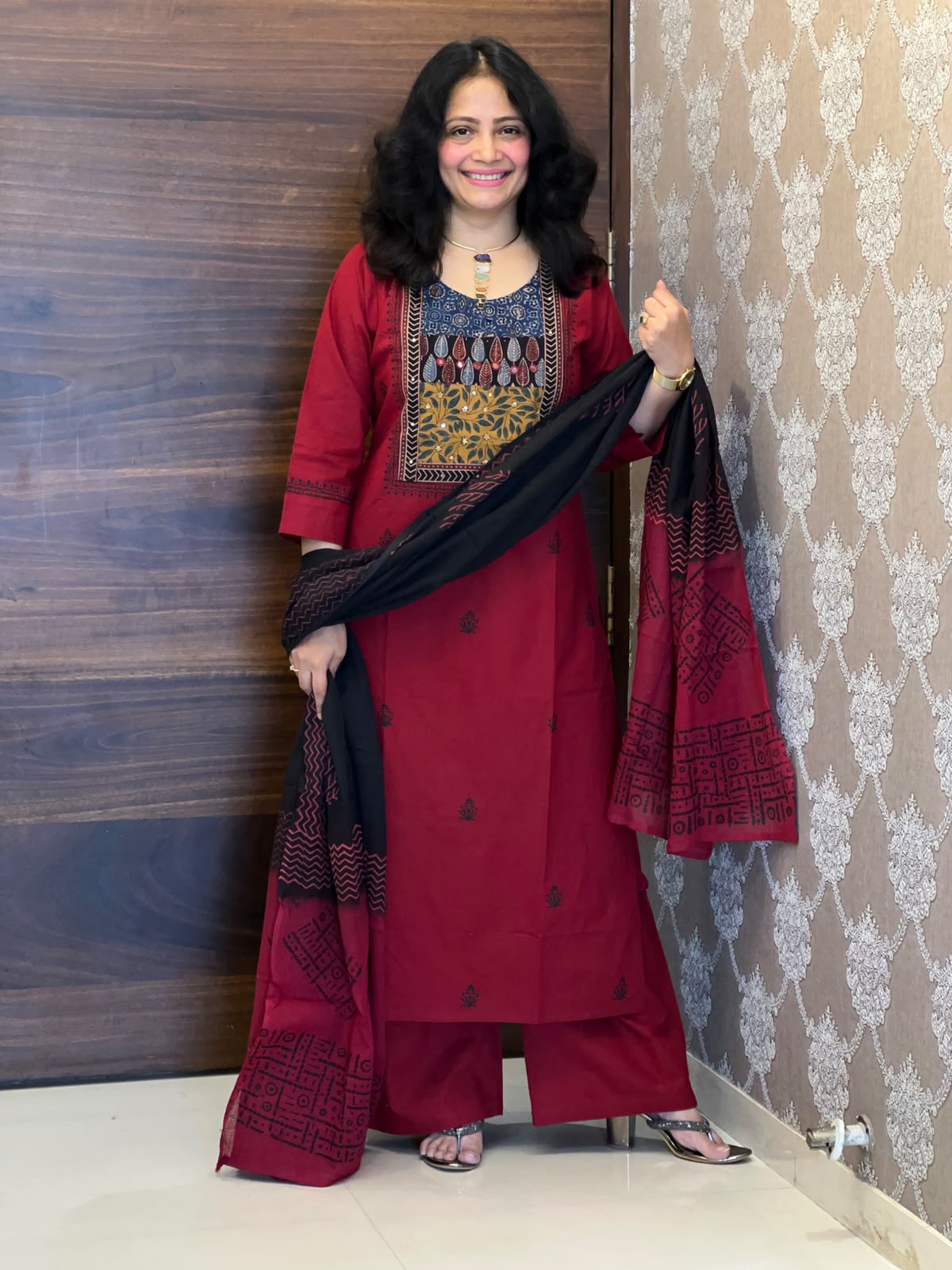 Maroon Color Ajrakh Patch Work Dabu Cotton Dupatta Set