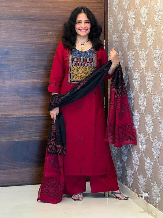 Maroon Color Ajrakh Patch Work Dabu Cotton Dupatta Set