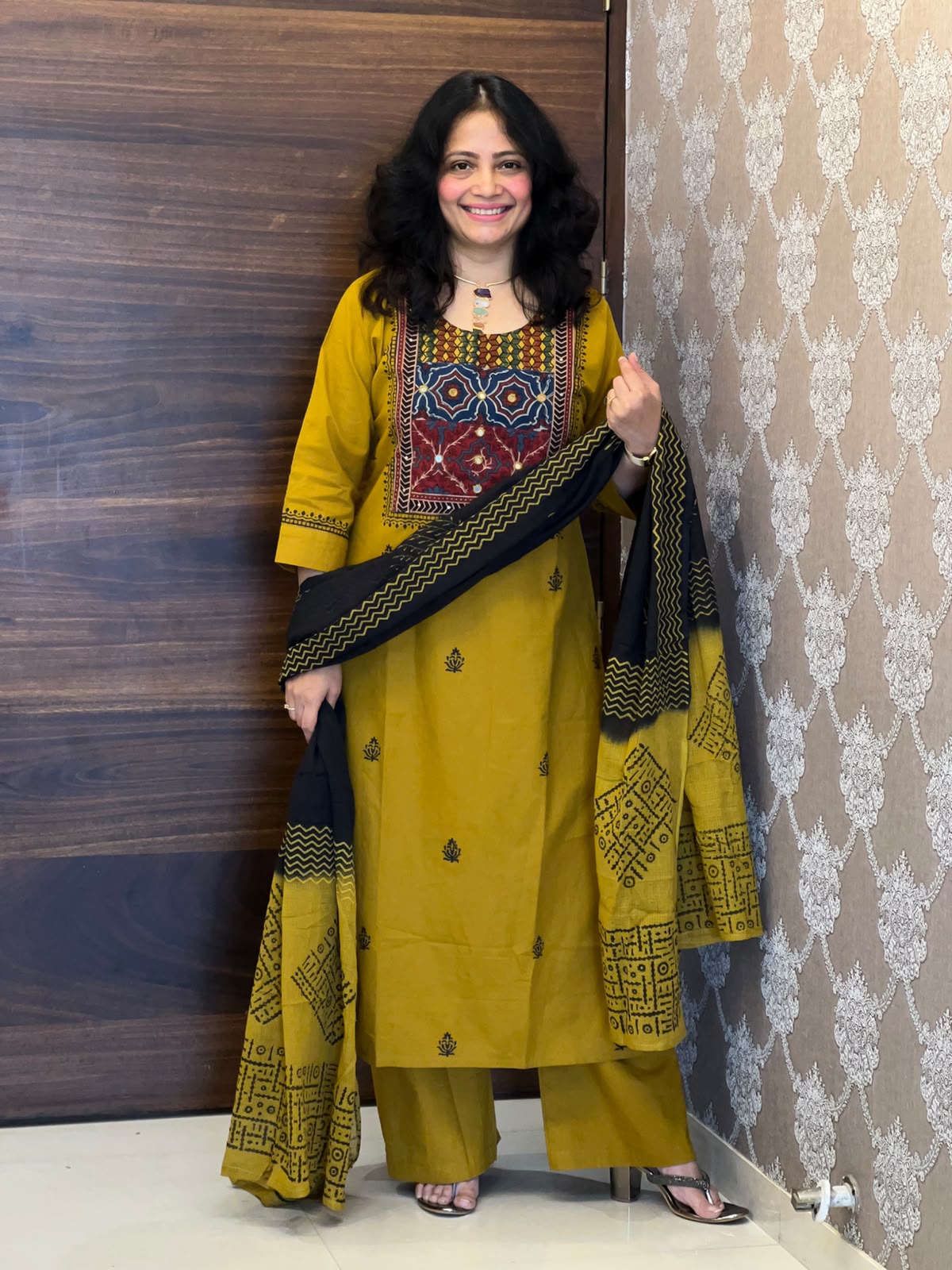 Mustard Color Ajrakh Patch Work Dabu Cotton Dupatta Set