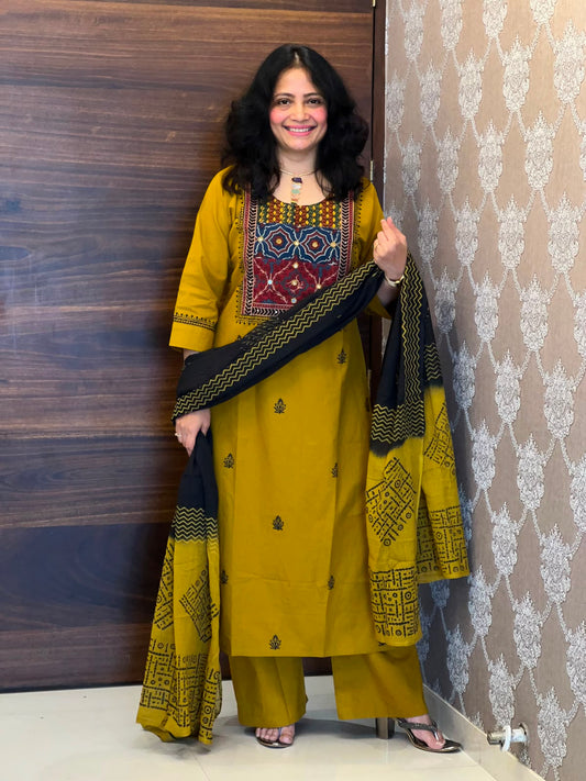 Mustard Color Ajrakh Patch Work Dabu Cotton Dupatta Set