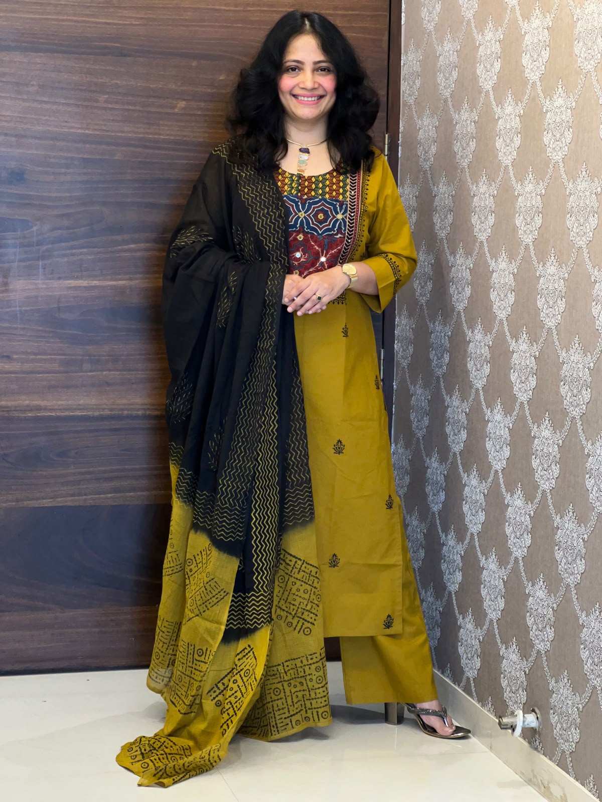 Mustard Color Ajrakh Patch Work Dabu Cotton Dupatta Set