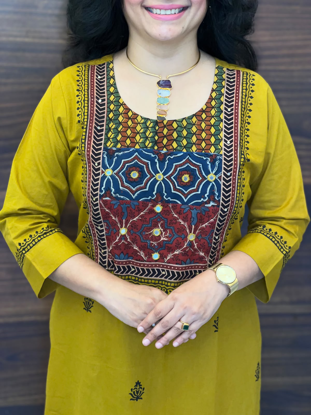 Mustard Color Ajrakh Patch Work Dabu Cotton Dupatta Set