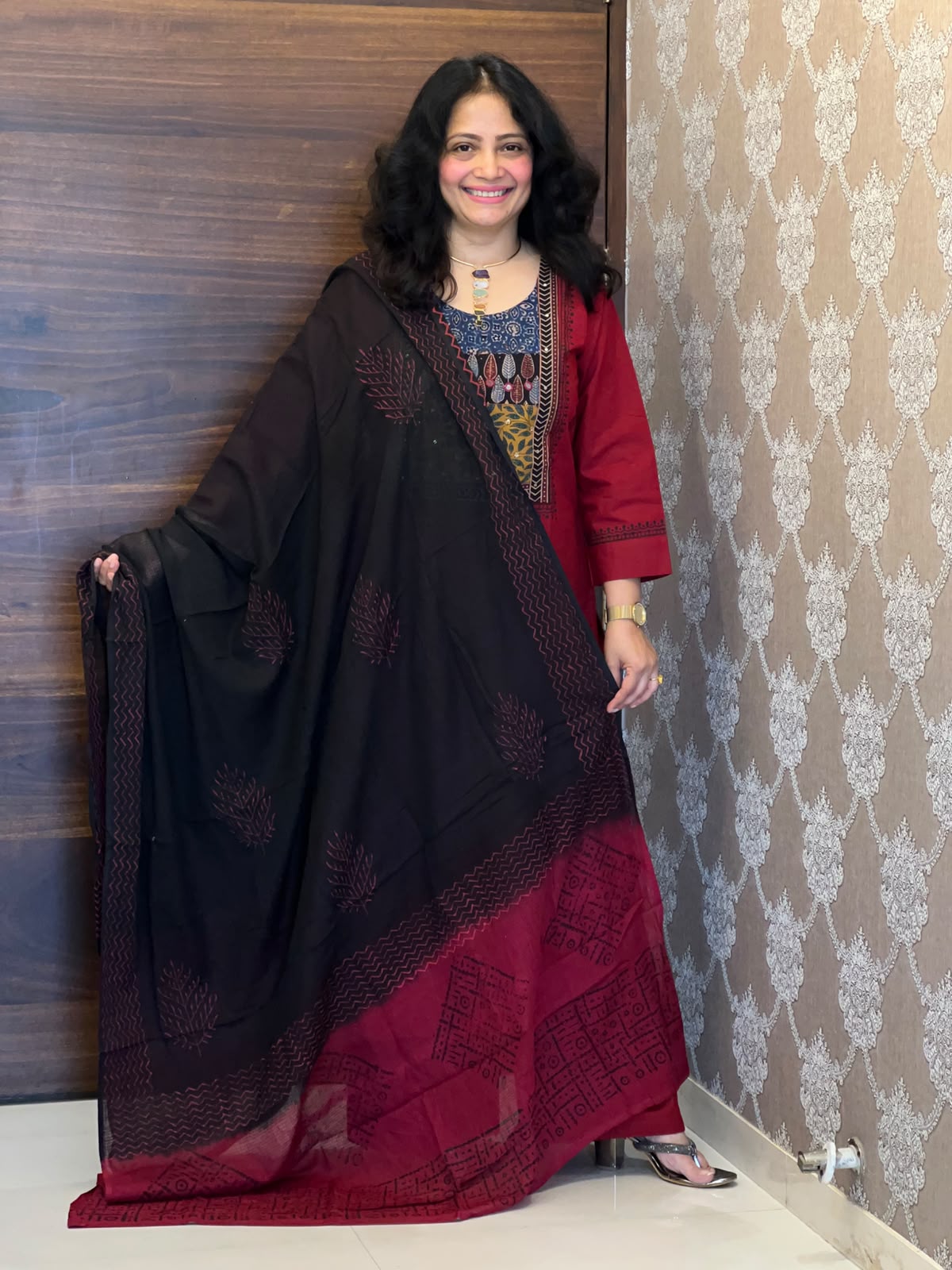 Maroon Color Ajrakh Patch Work Dabu Cotton Dupatta Set