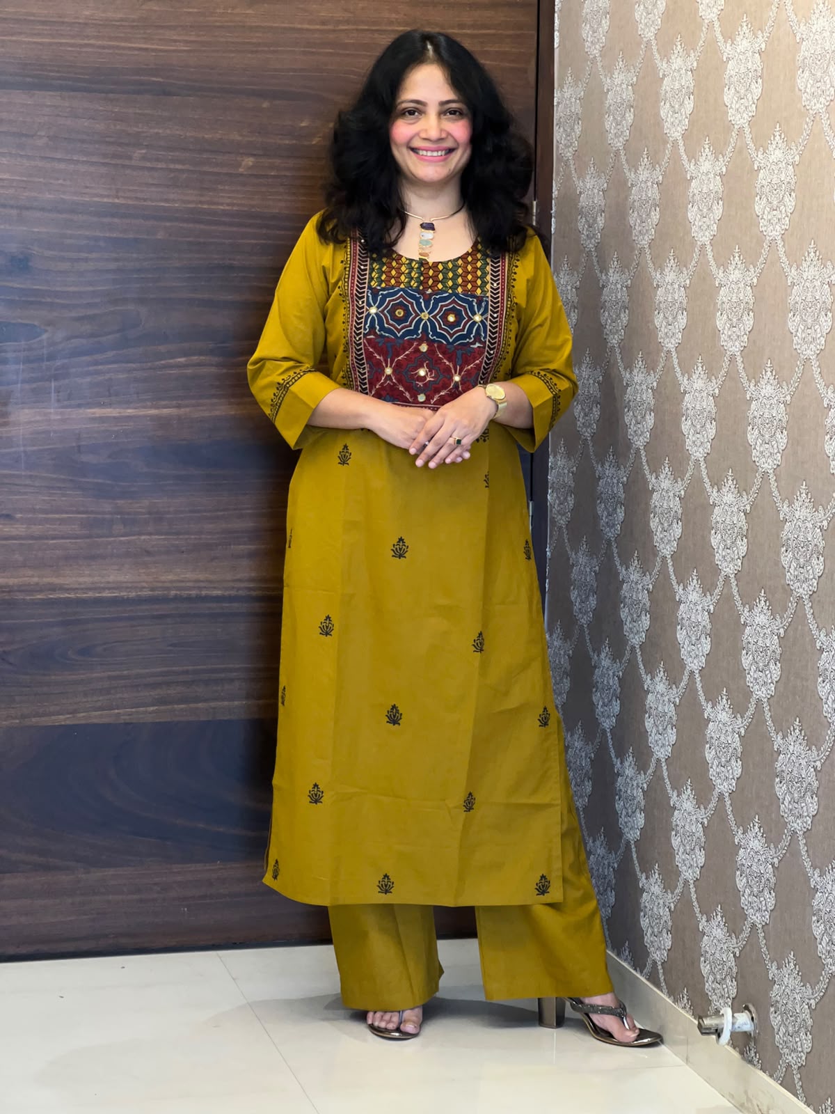 Mustard Color Ajrakh Patch Work Dabu Cotton Dupatta Set