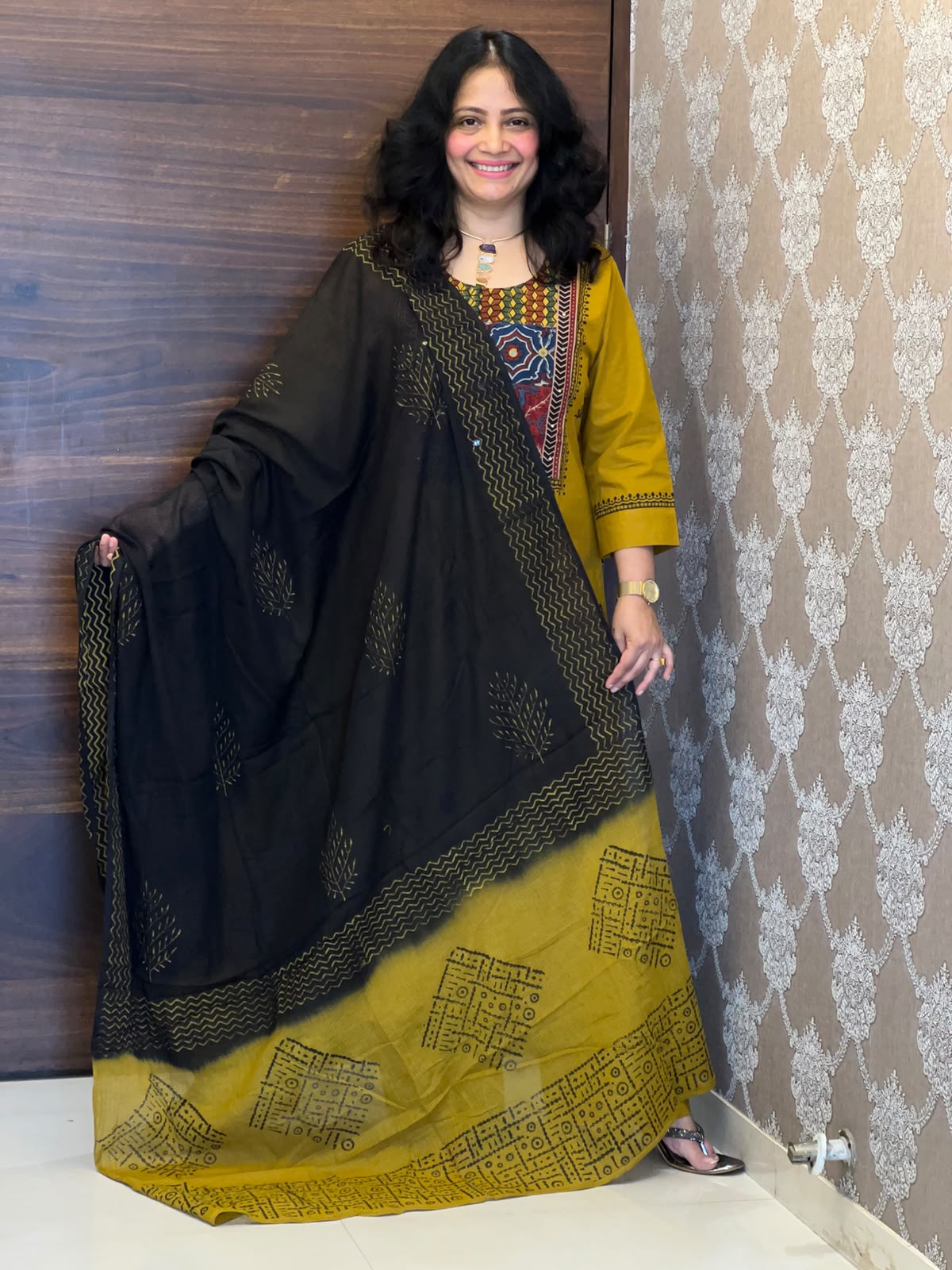 Mustard Color Ajrakh Patch Work Dabu Cotton Dupatta Set